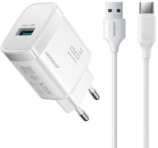 Netoplader med USB-C-kabel Joyroom JR-TF4, 18W, 3A, 1 x USB-A, Hvid
