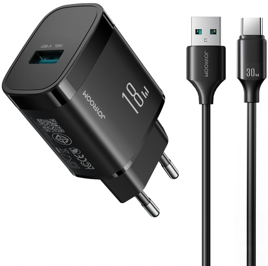 Netoplader med USB-C-kabel Joyroom JR-TF4, 18W, 3A, 1 x USB-A, Sort
