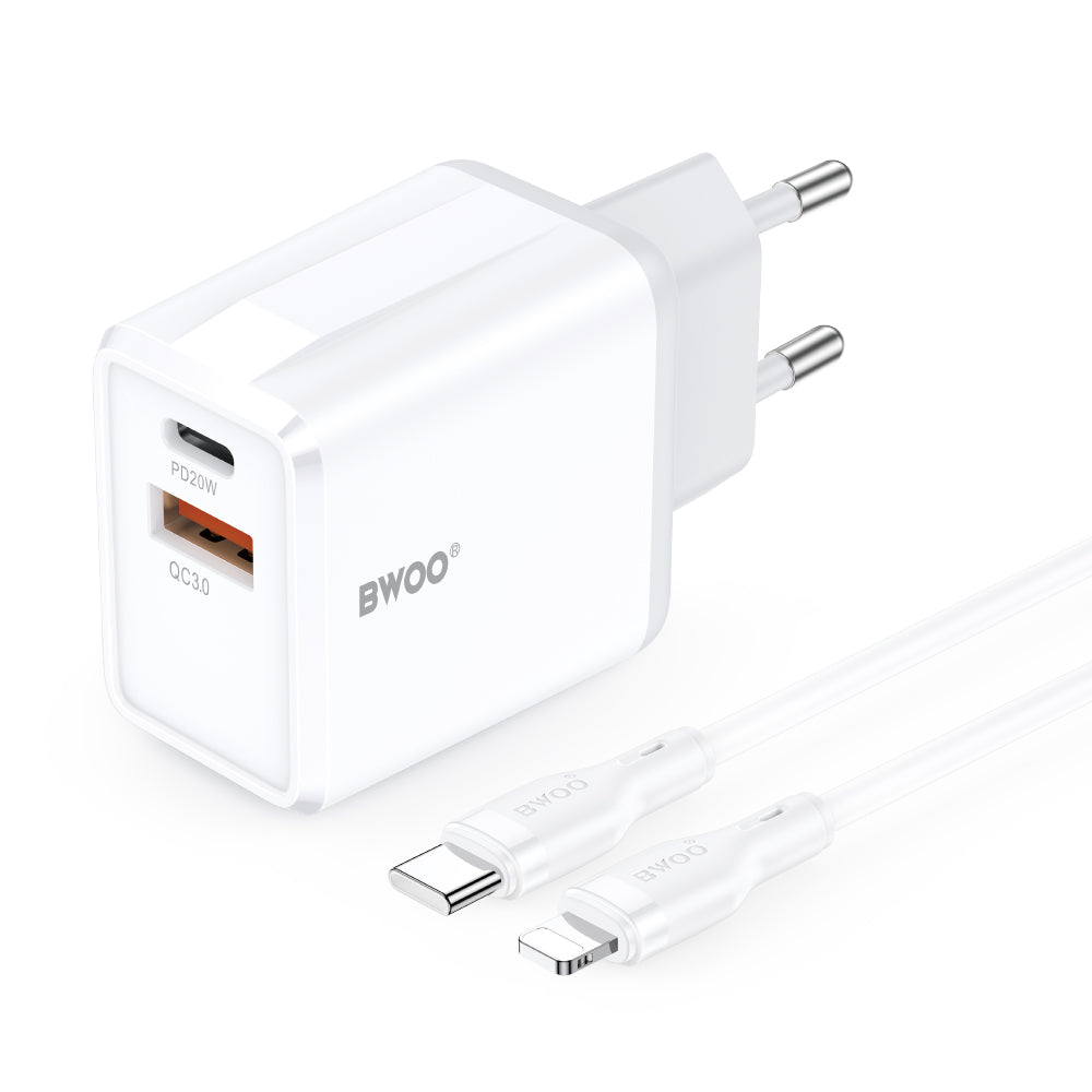 Netoplader med Lightning-kabel BWOO CDA182, 38W, 3A, 1 x USB-A - 1 x USB-C, Hvid
