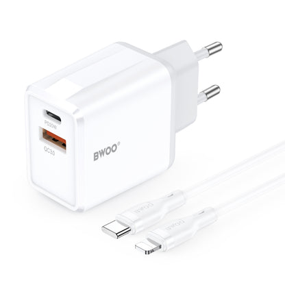 Netoplader med Lightning-kabel BWOO CDA182, 38W, 3A, 1 x USB-A - 1 x USB-C, Hvid