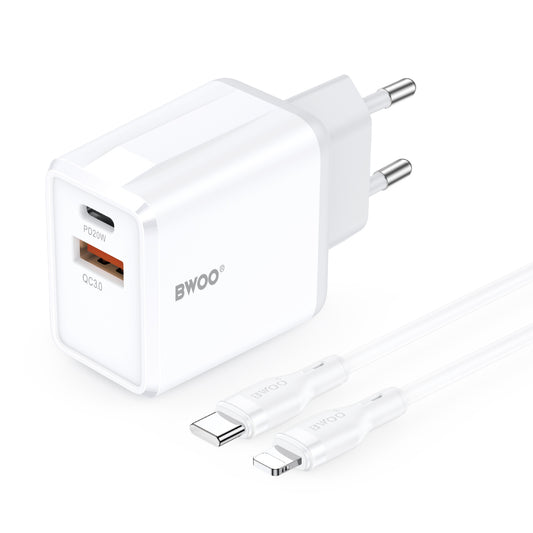 Netoplader med Lightning-kabel BWOO CDA182, 38W, 3A, 1 x USB-A - 1 x USB-C, Hvid