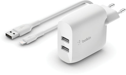 Netoplader med USB-C-kabel Belkin BoostCharge Dual, 24W, 2,4A, 2 x USB-A, Hvid WCE001vf1MWH