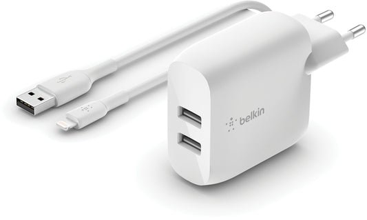 Netoplader med USB-C-kabel Belkin BoostCharge Dual, 24W, 2,4A, 2 x USB-A, Hvid WCE001vf1MWH