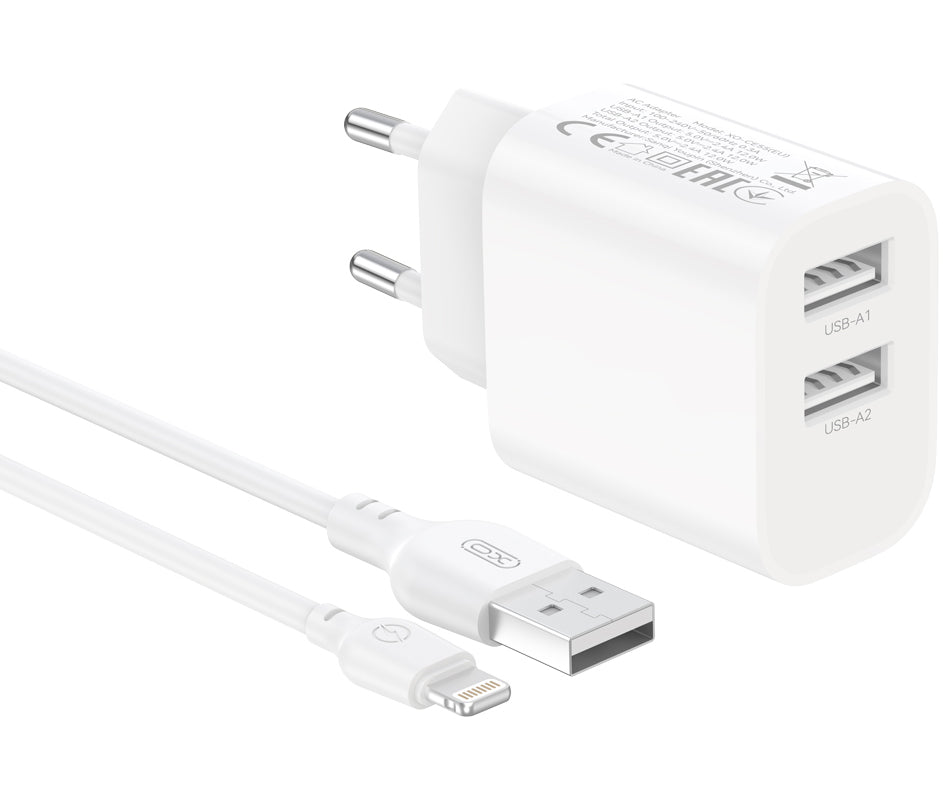 XO Design CE55 netoplader med Lightning-kabel, 12 W, 2,4 A, 2 x USB-A, hvid