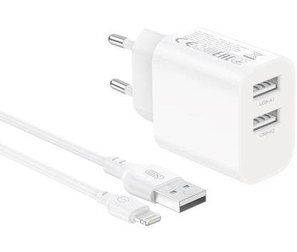XO Design CE55 netoplader med Lightning-kabel, 12 W, 2,4 A, 2 x USB-A, hvid