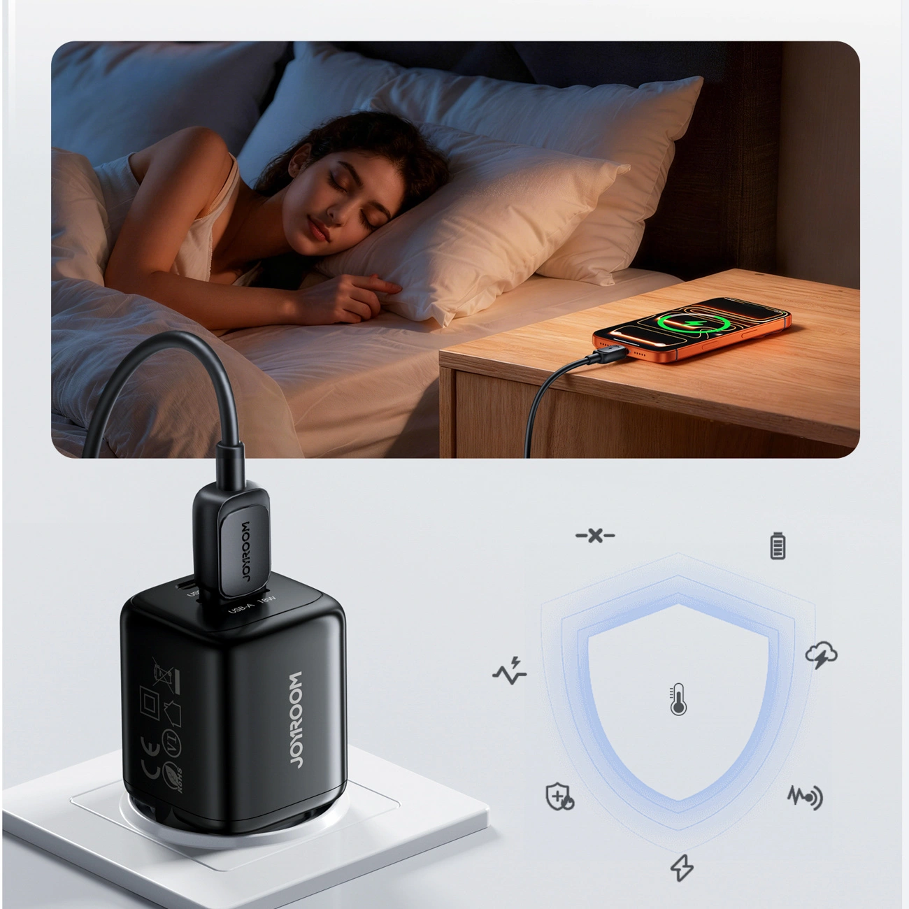 Netoplader med USB-C-kabel Joyroom JR-TG7, 33W, 3A, 1 x USB-A - 1 x USB-C, Sort