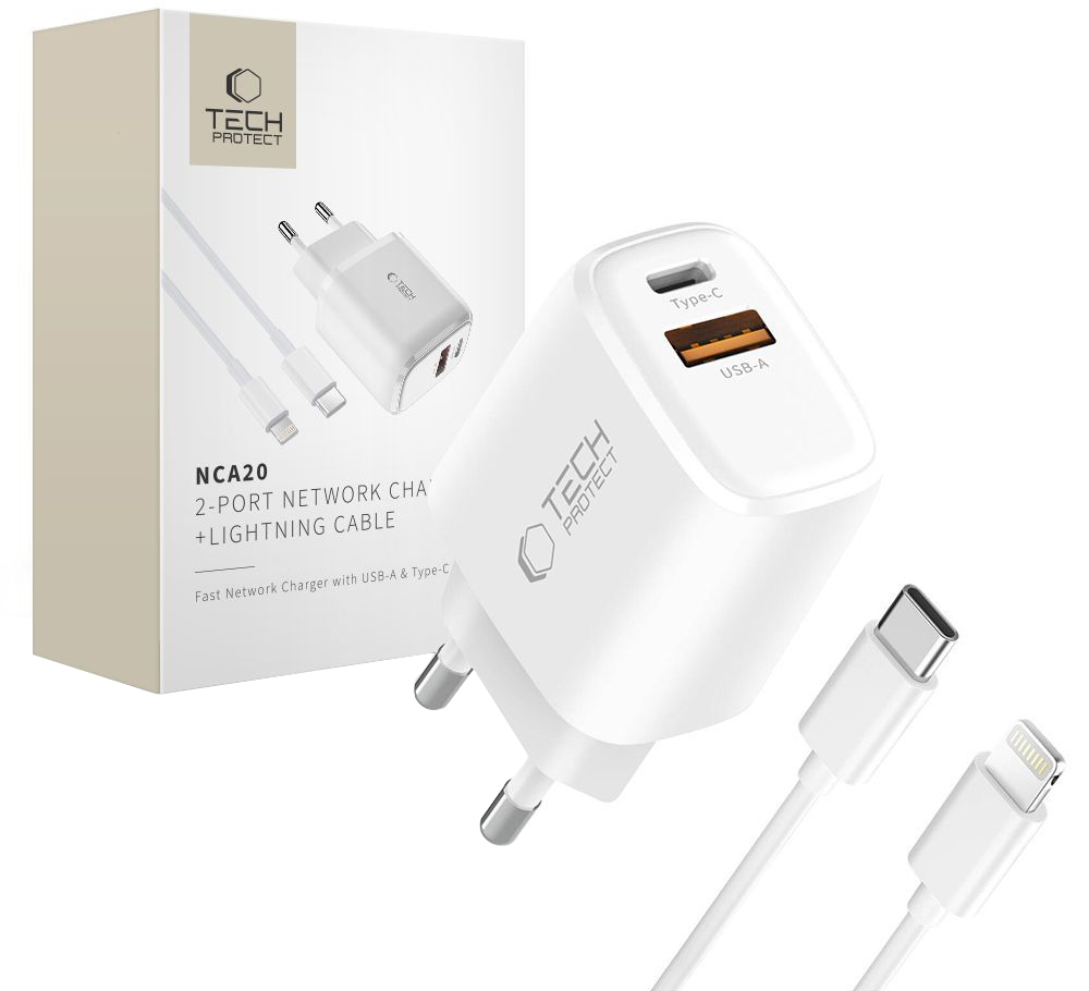 Netoplader med Lightning-kabel Tech-Protect NCA20, 20W, 3A, 1 x USB-A - 1 x USB-C, Hvid