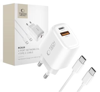 Netoplader med USB-C-kabel Tech-Protect NCA20, 20W, 3A, 1 x USB-A - 1 x USB-C, Hvid