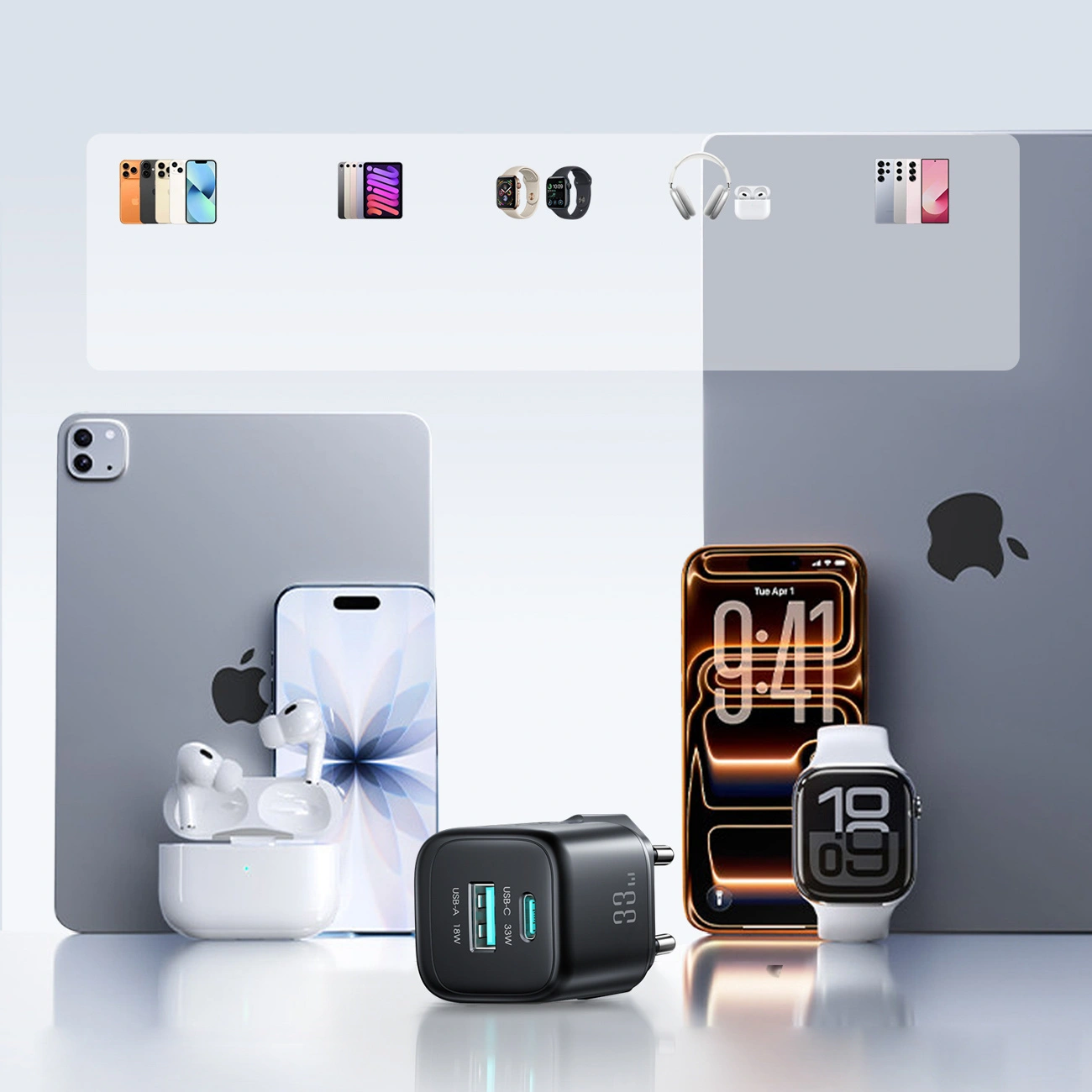 Joyroom JR-TG7 Network Charger with Lightning Cable, 33W, 3A, 1 x USB-A - 1 x USB-C, Black