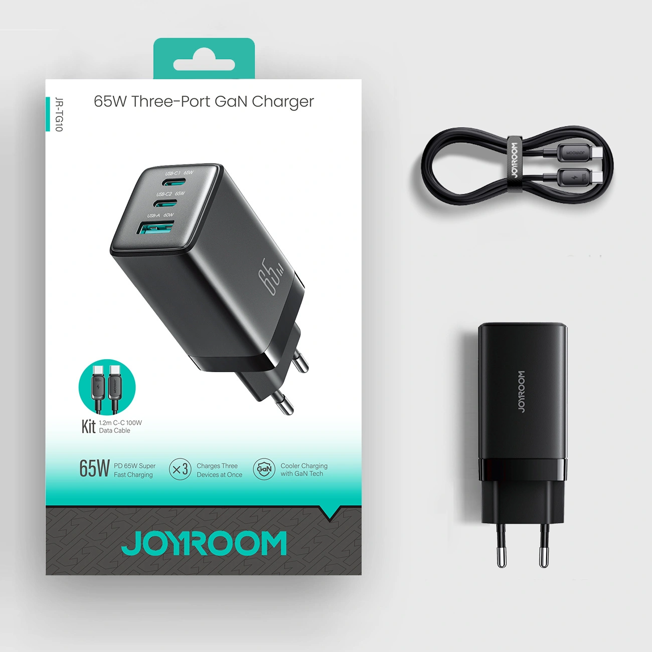 Netoplader med USB-C-kabel Joyroom JR-TG10, 65W, 3,25A, 1 x USB-A - 2 x USB-C, Sort