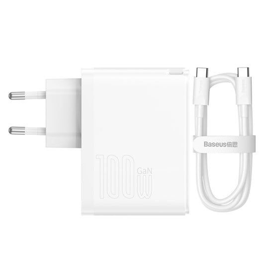 Netværksoplader med USB-C Kabel Baseus GaN5 Pro, 100W, 3A, 1 x USB-A - 1 x USB-C, Hvid CCGP090202