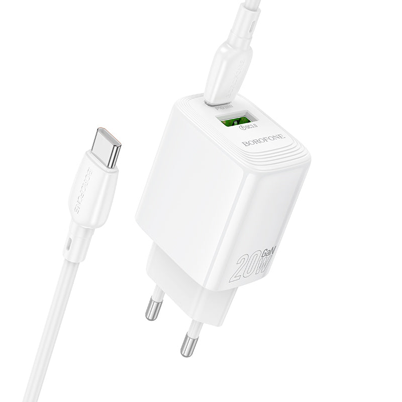Netværksoplader med USB-C kabel Borofone BN27 Fuente, 20W, 3A, 1 x USB-A - 1 x USB-C, Hvid