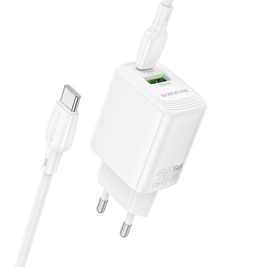Netværksoplader med USB-C kabel Borofone BN27 Fuente, 20W, 3A, 1 x USB-A - 1 x USB-C, Hvid