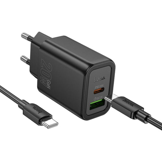 Netværksoplader med Lightning-kabel HOCO N61, 20W, 3A, 1 x USB-A - 1 x USB-C, Sort