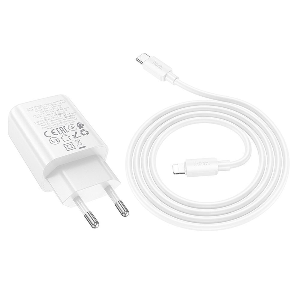 Netværksoplader med Lightning-kabel HOCO N63, 30W, 3A, 1 x USB-A - 1 x USB-C, Hvid
