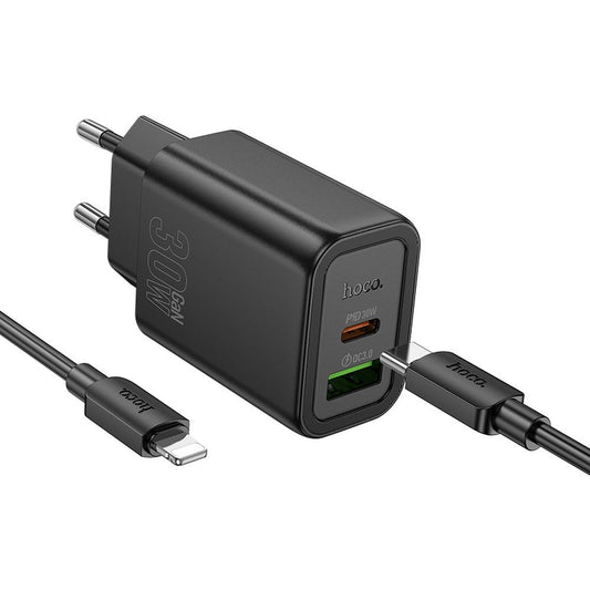 Netværksoplader med Lightning-kabel HOCO N63, 30W, 3A, 1 x USB-A - 1 x USB-C, Sort
