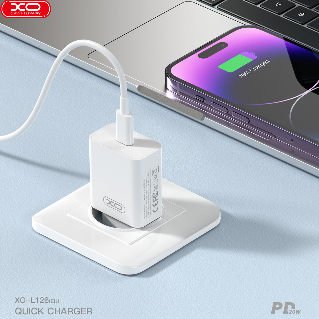 Netværksoplader med USB-C kabel XO Design L126, 20W, 3A, 1 x USB-C, Hvid