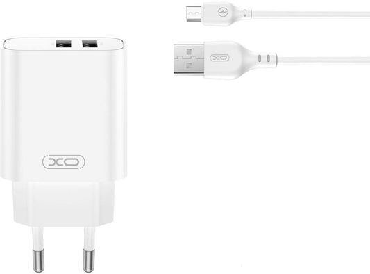 Netværksoplader med microUSB-kabel XO Design CE34, 12W, 2.4A, 2 x USB-A, Hvid