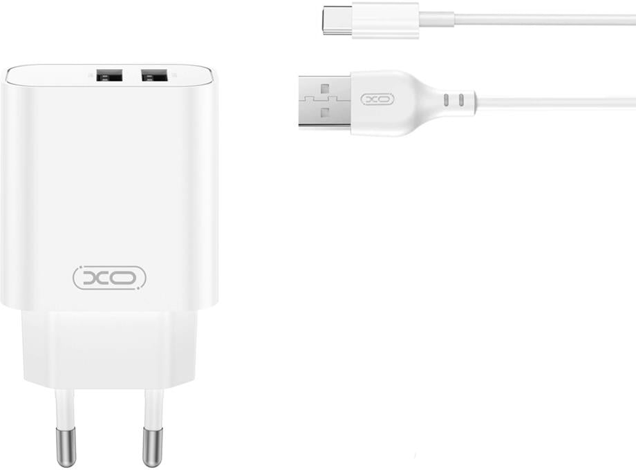 Netværksoplader med USB-C kabel XO Design CE34, 12W, 2.4A, 2 x USB-A, Hvid