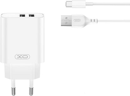 Netværksoplader med USB-C kabel XO Design CE34, 12W, 2.4A, 2 x USB-A, Hvid