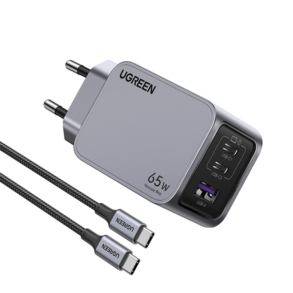 Netværksoplader med USB-C kabel UGREEN X755 Nexode Pro, 65W, 3A, 1 x USB-A - 2 x USB-C, Grå