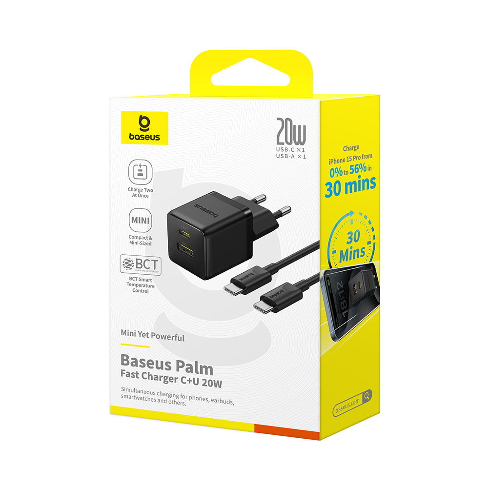 Netværksoplader med USB-C kabel Baseus Palm, 20W, 3A, 1 x USB-A - 1 x USB-C, Sort P10111608113-01