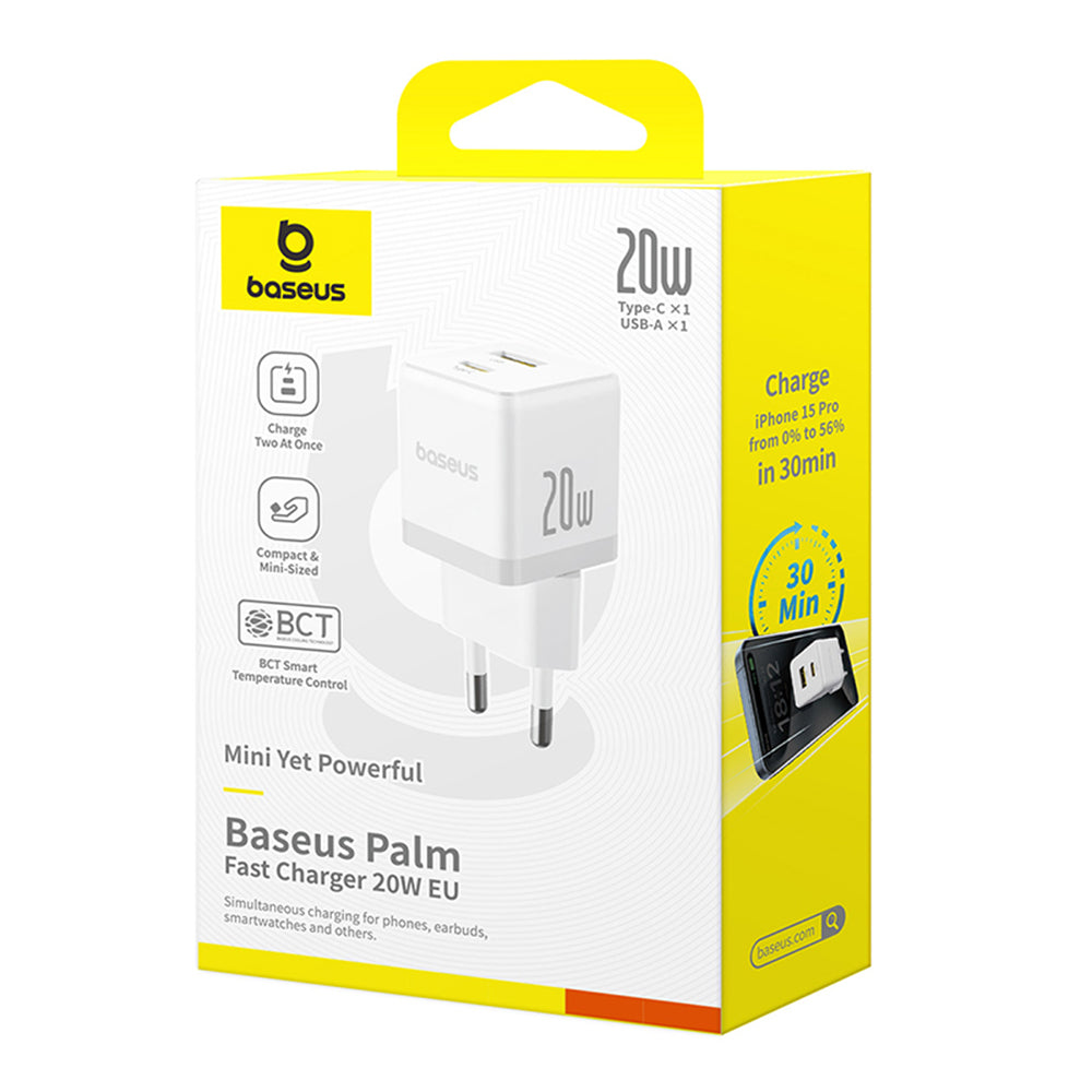 Netværksoplader med USB-C Kabel Baseus Palm, 20W, 3A, 1 x USB-A - 1 x USB-C, Hvid P10111608213-01