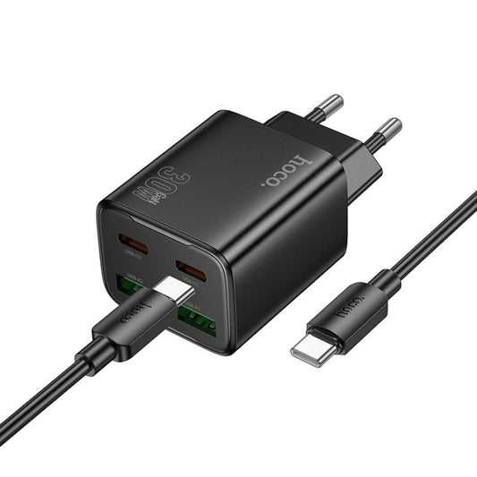 Netværksoplader med USB-C Kabel HOCO N56, 30W, 3A, 2 x USB-A - 2 x USB-C, Sort