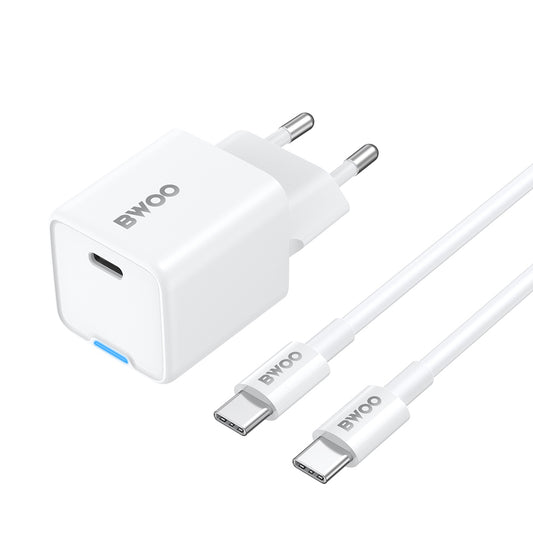 Netværksoplader med USB-C Kabel BWOO CDA211, 30W, 3A, 1 x USB-C, Hvid