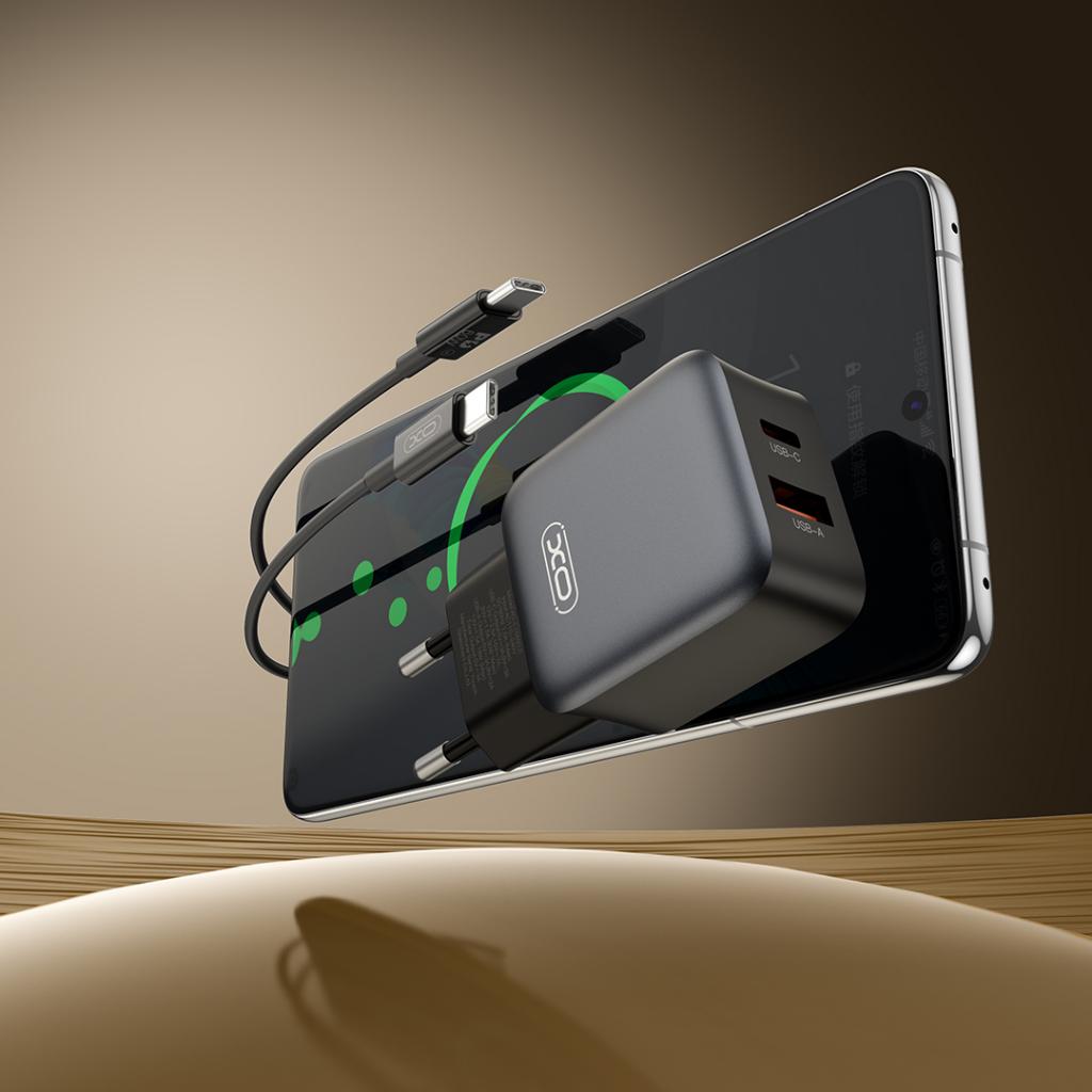 Netværksoplader med USB-C kabel XO Design L156, 30W, 3A, 1 x USB-A - 1 x USB-C, Sort