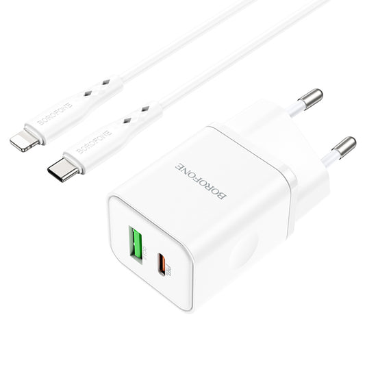 Netværksoplader med Lightning-kabel Borofone BN7, 20W, 3A, 1 x USB-A - 1 x USB-C, Hvid