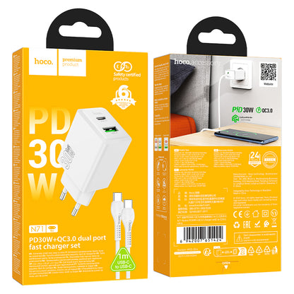 Netværksoplader med USB-C Kabel HOCO N71, 30W, 3A, 1 x USB-A - 1 x USB-C, Hvid
