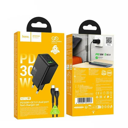 Netværksoplader med USB-C kabel HOCO N71, 30W, 3A, 1 x USB-A - 1 x USB-C, Sort