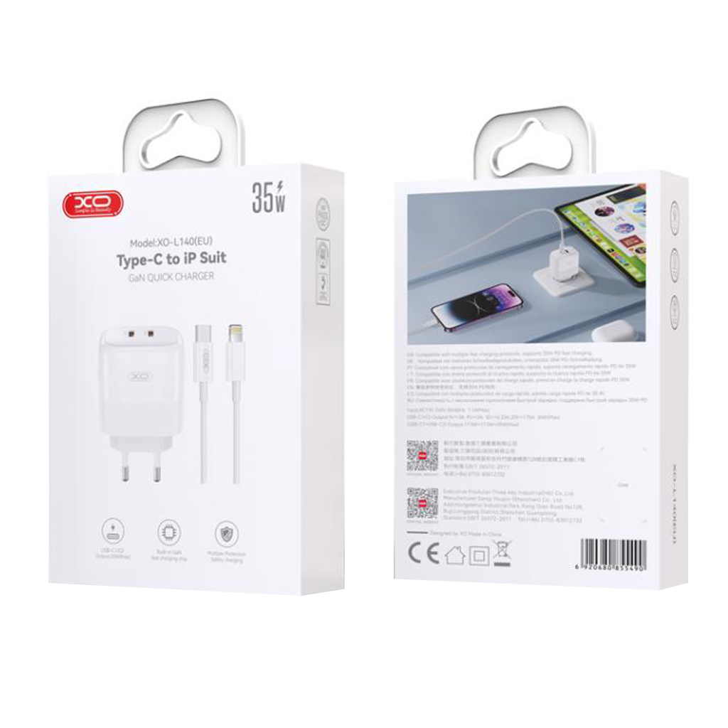 Netværksoplader med Lightning-kabel XO Design L140, 35W, 3A, 2 x USB-C, Hvid