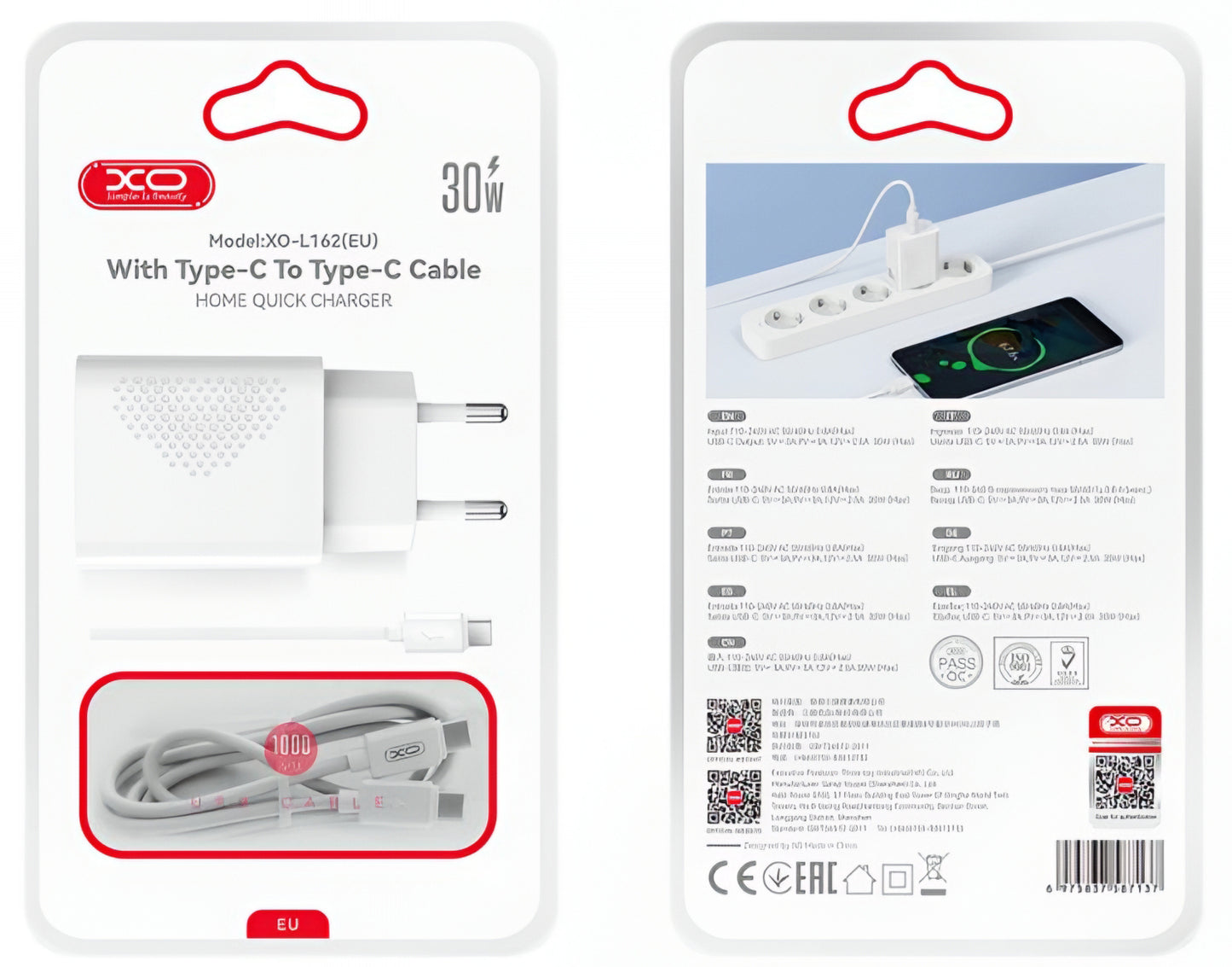 Netværksoplader med USB-C kabel XO Design L162, 30W, 3A, 1 x USB-C, Hvid