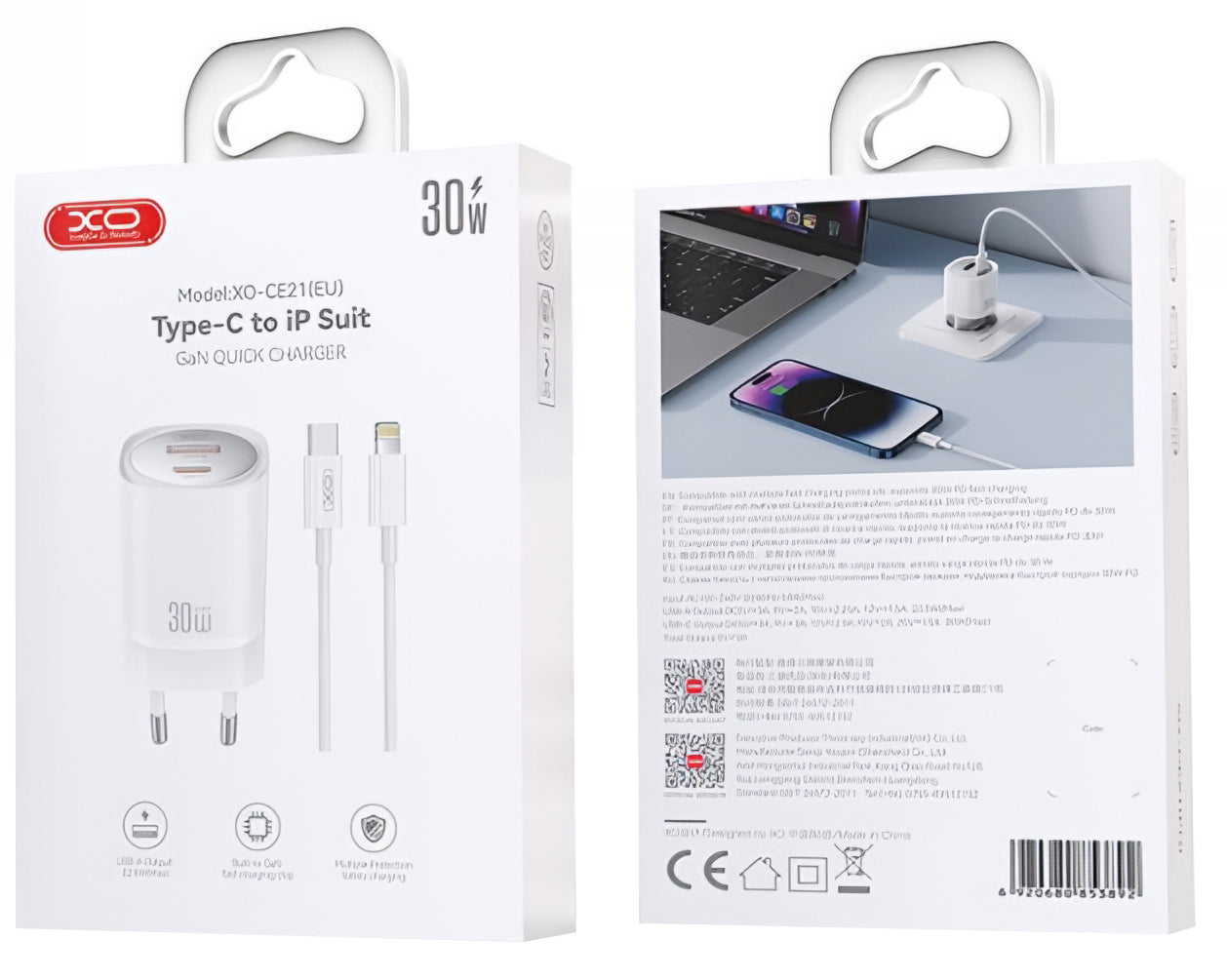 Netværksoplader med Lightning-kabel XO Design CE21, 30W, 3A, 1 x USB-A - 1 x USB-C, Hvid
