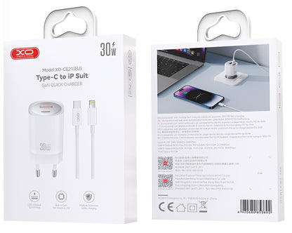 Netværksoplader med Lightning-kabel XO Design CE21, 30W, 3A, 1 x USB-A - 1 x USB-C, Hvid
