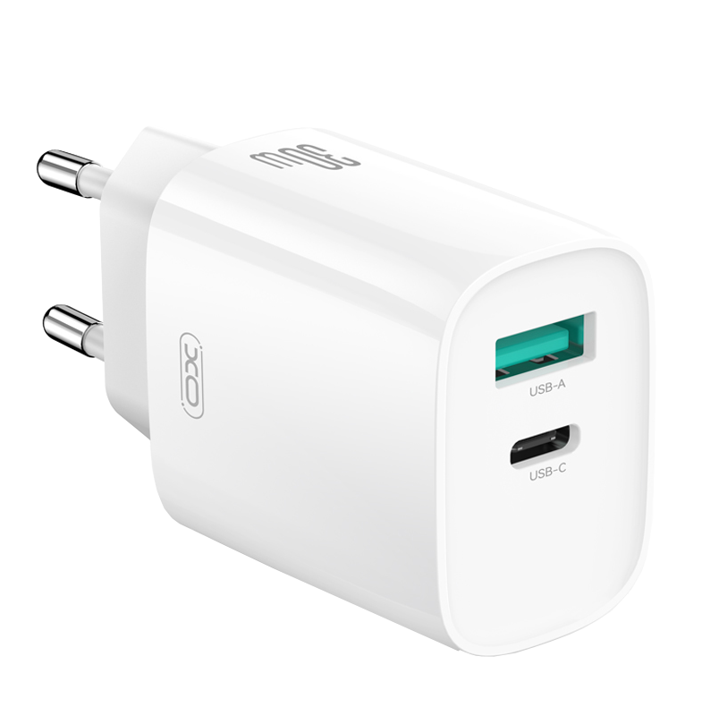 Netværksoplader med Lightning-kabel XO Design CE30, 30W, 3A, 1 x USB-A - 1 x USB-C, Hvid