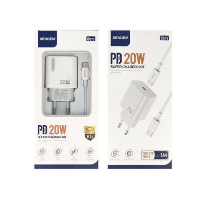 Netoplader med USB-C-kabel Sendem OG73, 20W, 3A, 1 x USB-C, Hvid