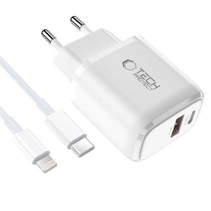 Netoplader med Lightning-kabel Tech-Protect NCA20, 20W, 3A, 1 x USB-A - 1 x USB-C, Hvid