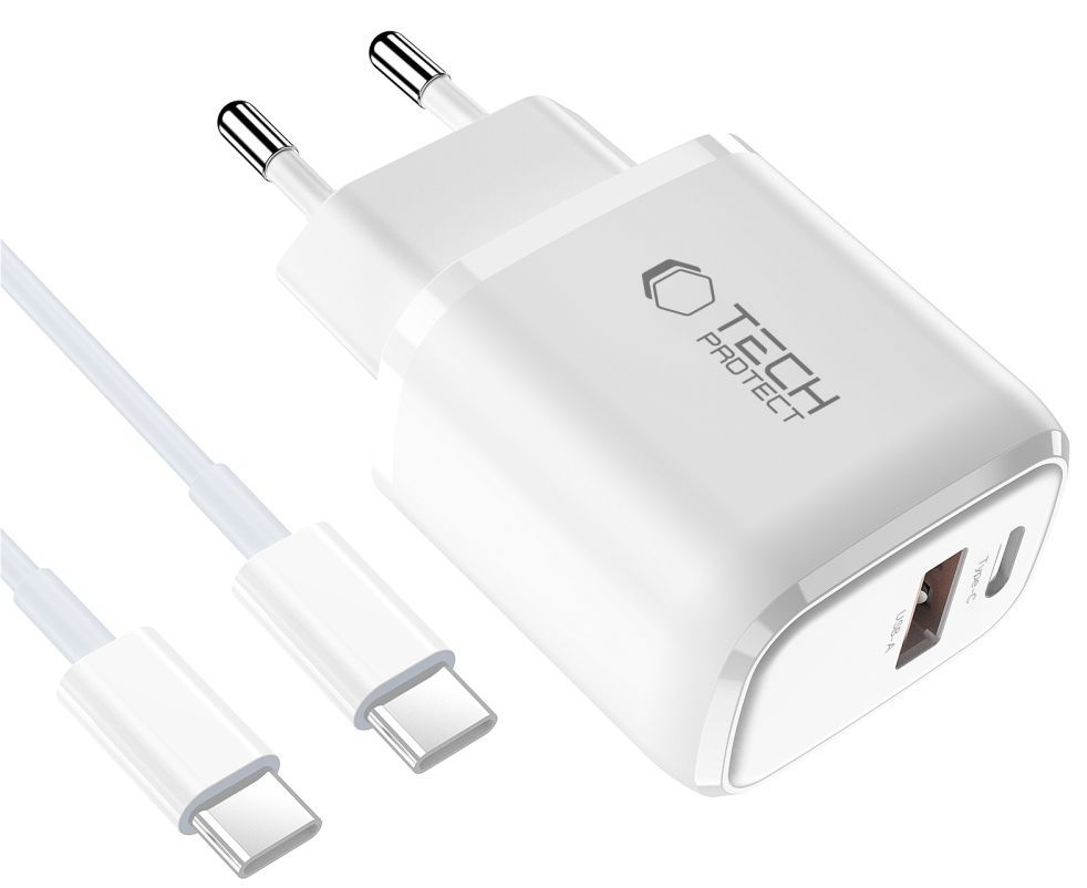 Netoplader med USB-C-kabel Tech-Protect NCA20, 20W, 3A, 1 x USB-A - 1 x USB-C, Hvid