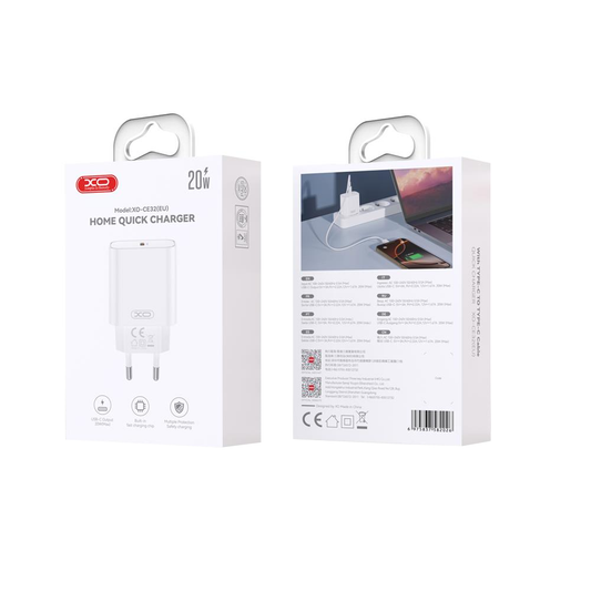Netoplader med Lightning-kabel XO Design CE32, 20W, 3A, 1 x USB-C, Hvid