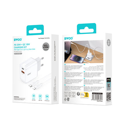 Netoplader med Lightning-kabel BWOO CDA182, 38W, 3A, 1 x USB-A - 1 x USB-C, Hvid