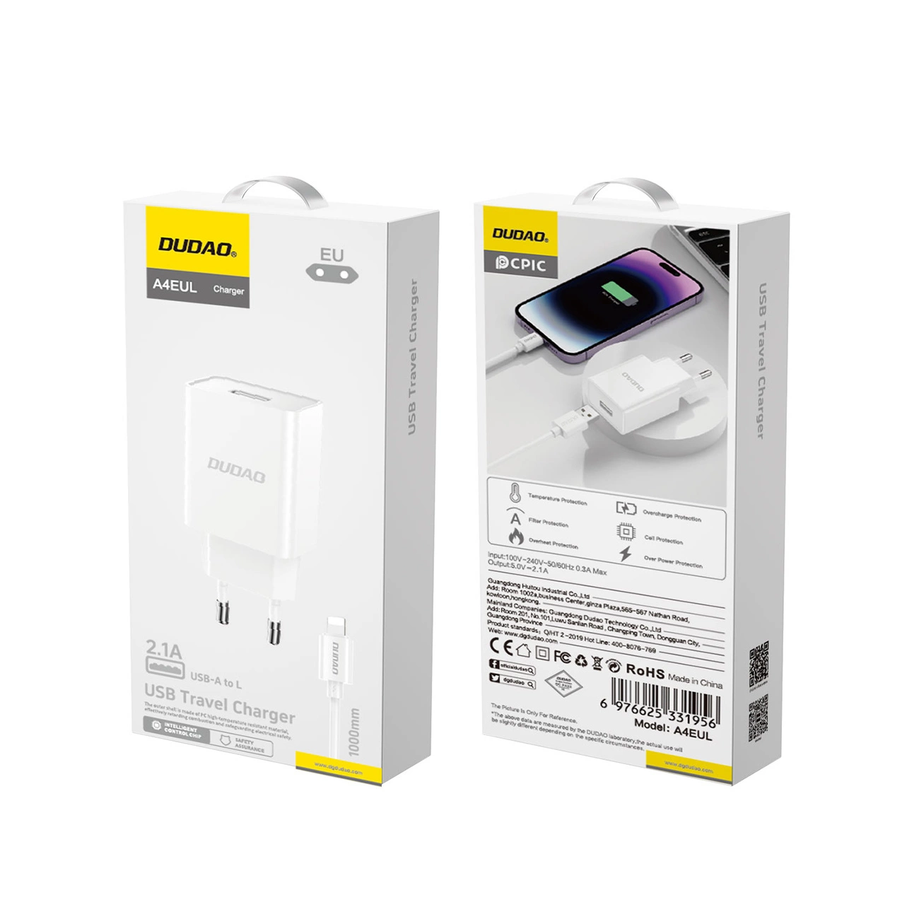 Netværksoplader med Lightning-kabel Dudao A4EU, 10W, 2.1A, 1 x USB-A, Hvid