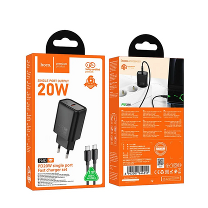Netværksoplader med Lightning-kabel HOCO N60, 20W, 3A, 1 x USB-C, Sort