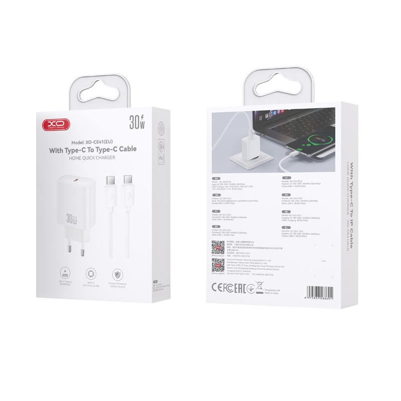 Netoplader med USB-C-kabel XO Design CE41, 30W, 3A, 1 x USB-C, Hvid