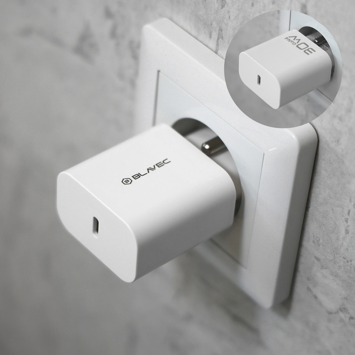 Blavec BC-14 USB-C-netoplader med kabel, 30 W, 3 A, 1 x USB-C, hvid