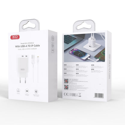 XO Design CE55 netoplader med Lightning-kabel, 12 W, 2,4 A, 2 x USB-A, hvid