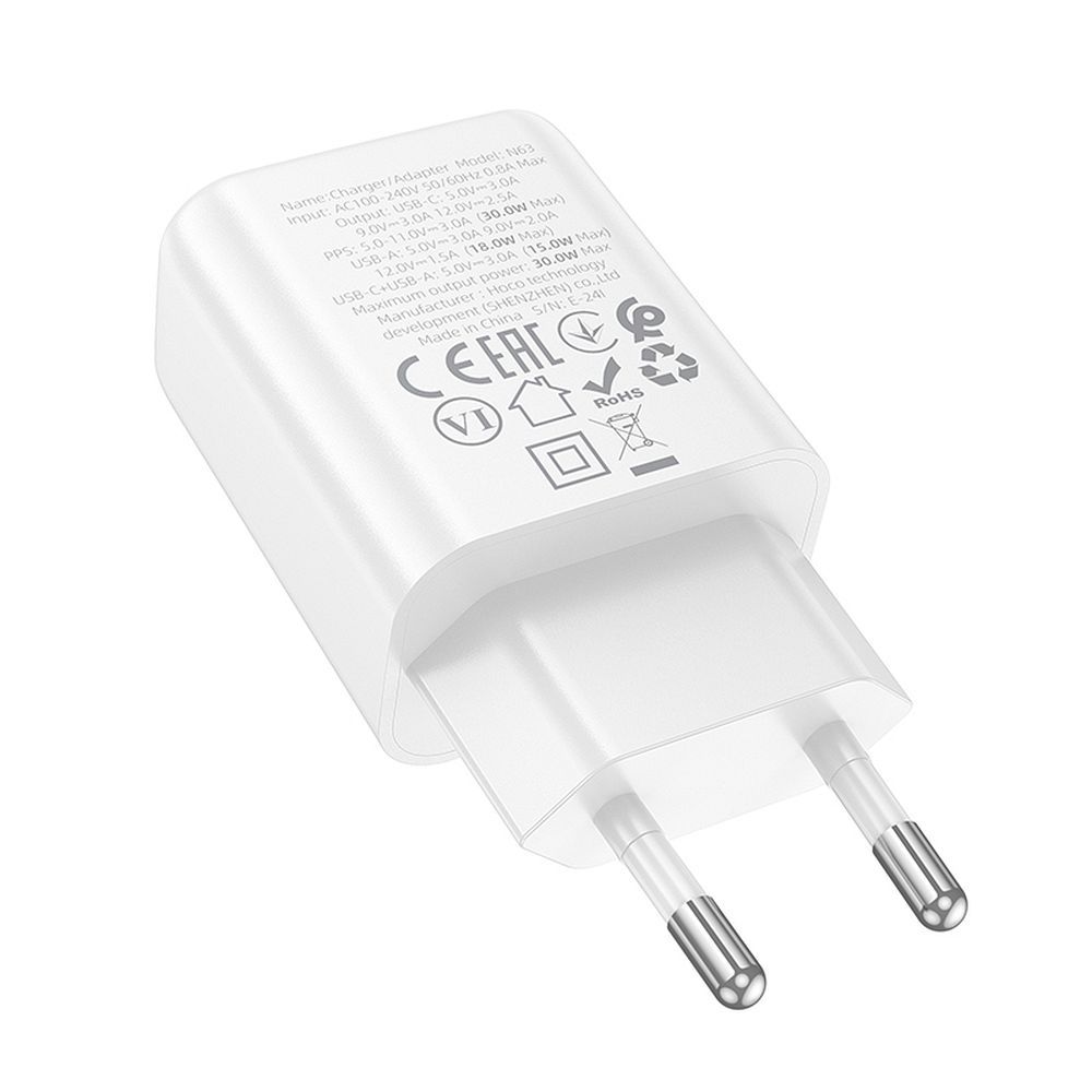 HOCO N63 Netværksoplader, 30W, 3A, 1 x USB-A - 1 x USB-C, Hvid