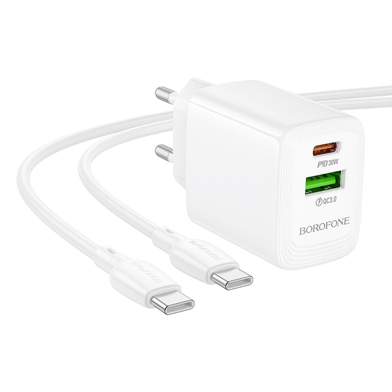 Netværksoplader med USB-C kabel Borofone BN29 Fuente, 30W, 3A, 1 x USB-A - 1 x USB-C, Hvid